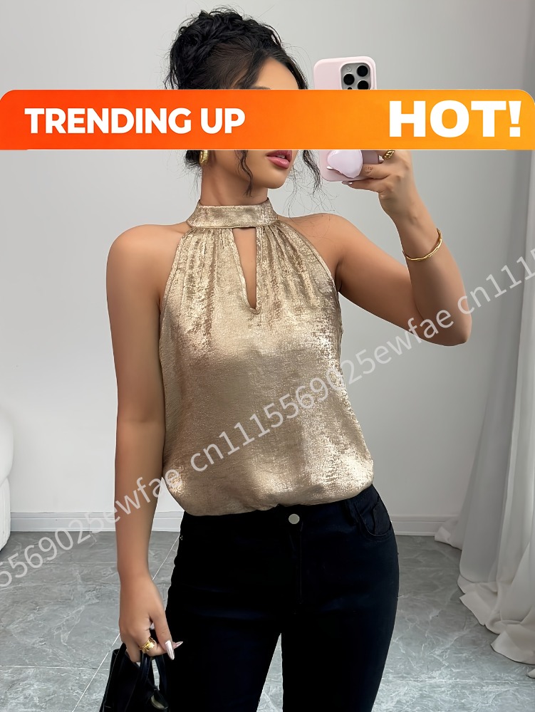 Blouse Off Shoulder - เสื้อครอปแขนกุดสีทองแชมเปญ แต่งระบาย คอ halter เปิดไหล่ โชว์ช่วงเอว